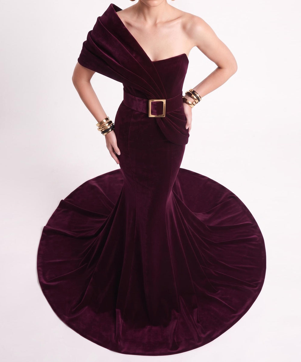 Burgundy Velvet Asymmetric One Shoulder Belted Mermaid Evening Gown with Train