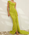 Lime Green One Shoulder Ruched Chiffon Evening Gown