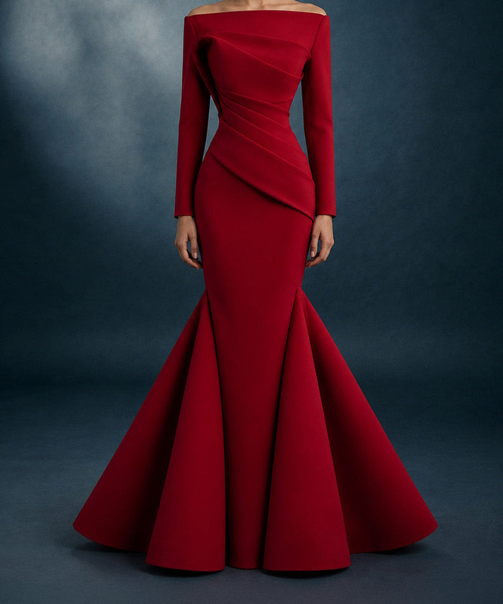 Red Off‑The‑Shoulder Long Sleeve Draped Mermaid Evening Gown