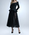 Off‑Shoulder Long Sleeve Peplum Midi Dress With Floral Lace Skirt & Belt