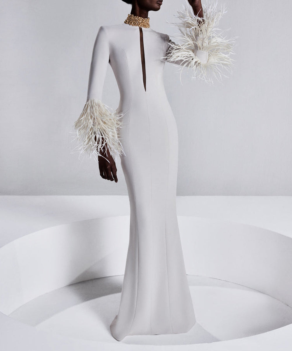 White High Neck Keyhole Front Feather Cuff Long Sleeve Mermaid Maxi Evening Gown