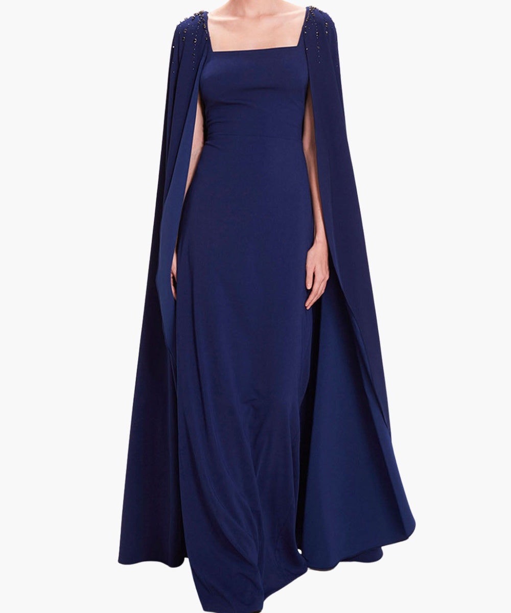 Navy Square Neck Cape Sleeve Beaded Formal Maxi Dress