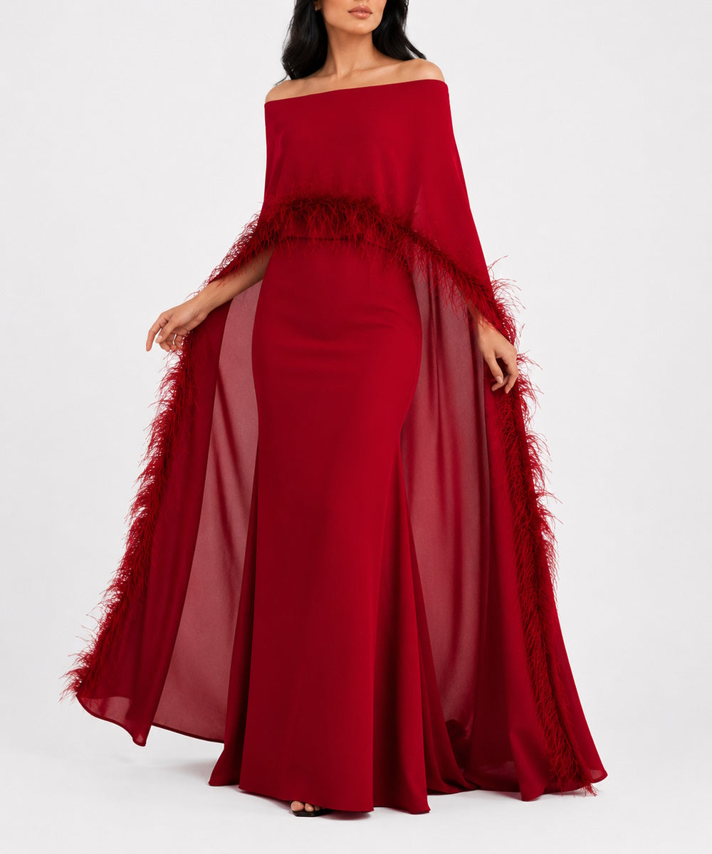 Burgundy Off Shoulder Mermaid Gown With Feather Trim Cape