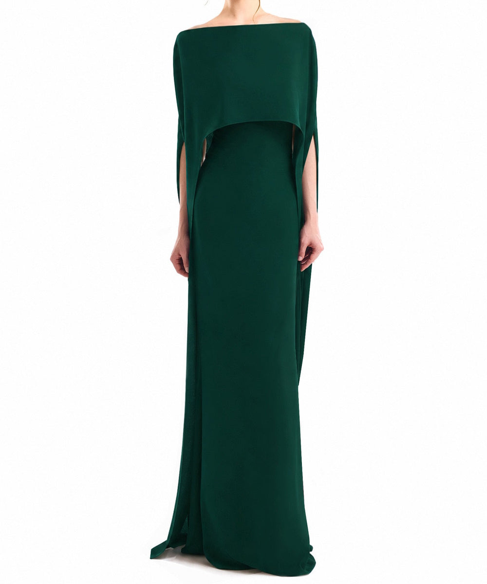 Emerald Green Off Shoulder Cape Sleeve Formal Maxi Gown