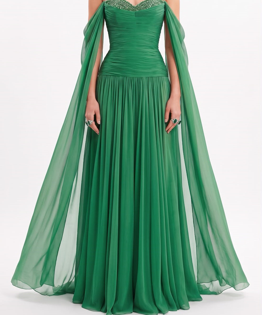 Green Off Shoulder Chiffon Evening Gown with Beaded Sweetheart Neck & Flowing Cape Sleeves
