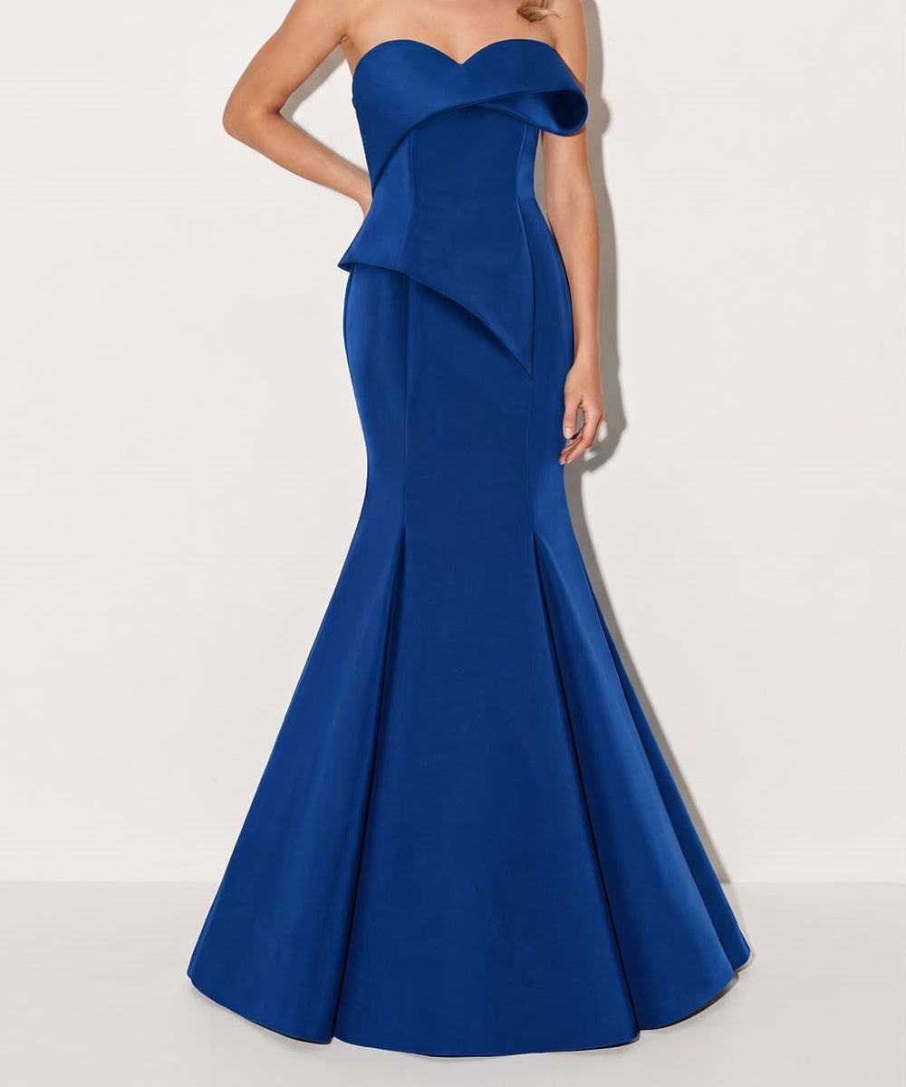 Royal Blue Strapless Asymmetric Fold Peplum Satin Mermaid Evening Gown