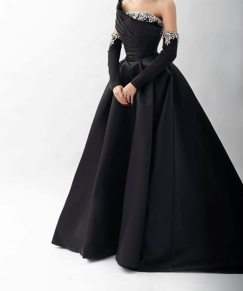 Black Satin One Shoulder Ruched Crystal Embellished Ball Gown With Detachable Arm Cuffs