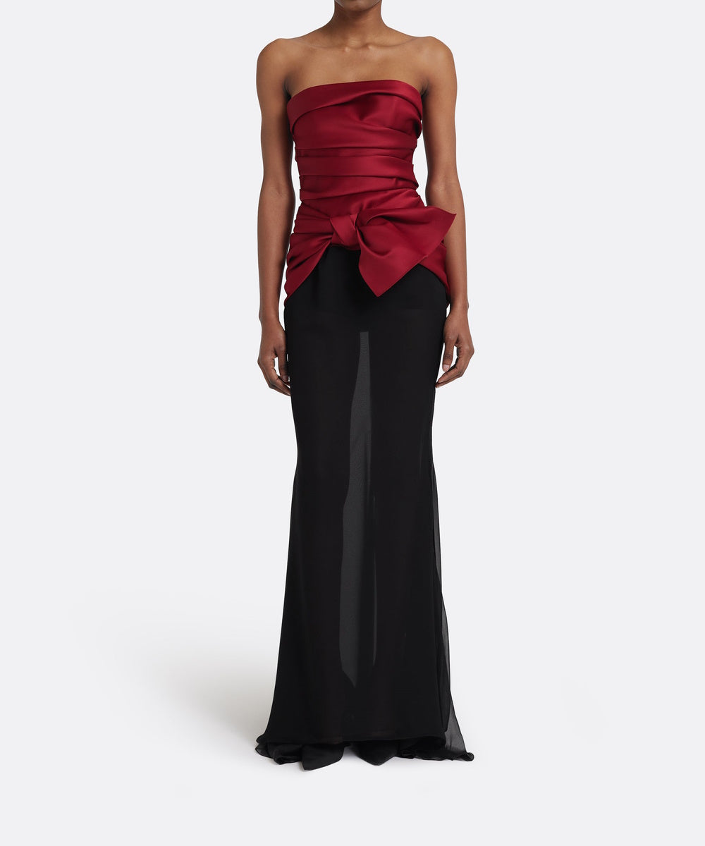Burgundy Strapless Satin Ruched Bow Bodice Black Chiffon Mermaid Evening Gown