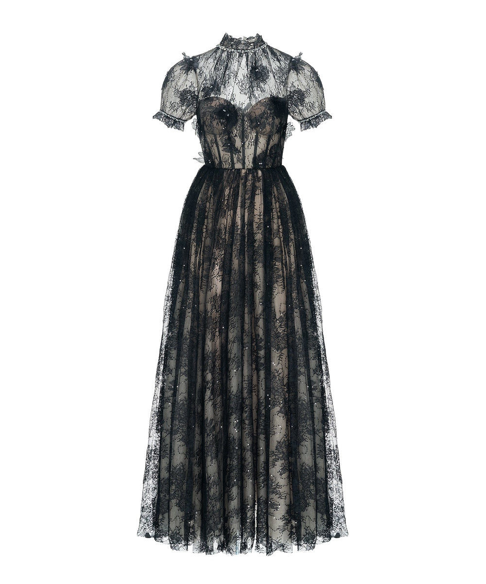 Black High Neck Puff Sleeve Lace Tulle Formal Maxi Dress