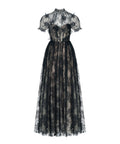 Black High Neck Puff Sleeve Lace Tulle Formal Maxi Dress