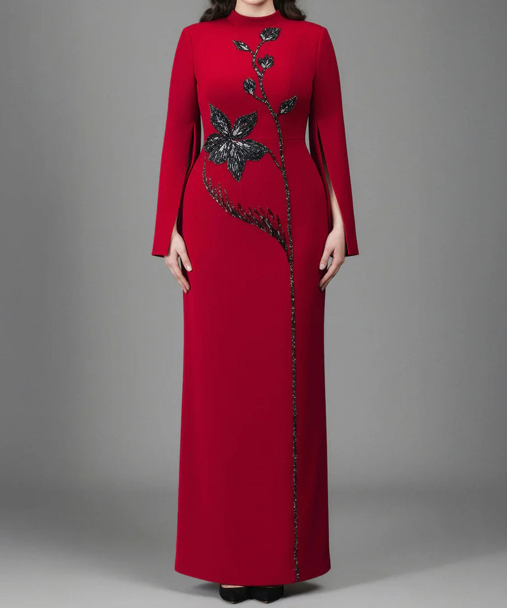 Red Mandarin Collar Split Cape Sleeve Floral Beaded Mermaid Maxi Evening Gown