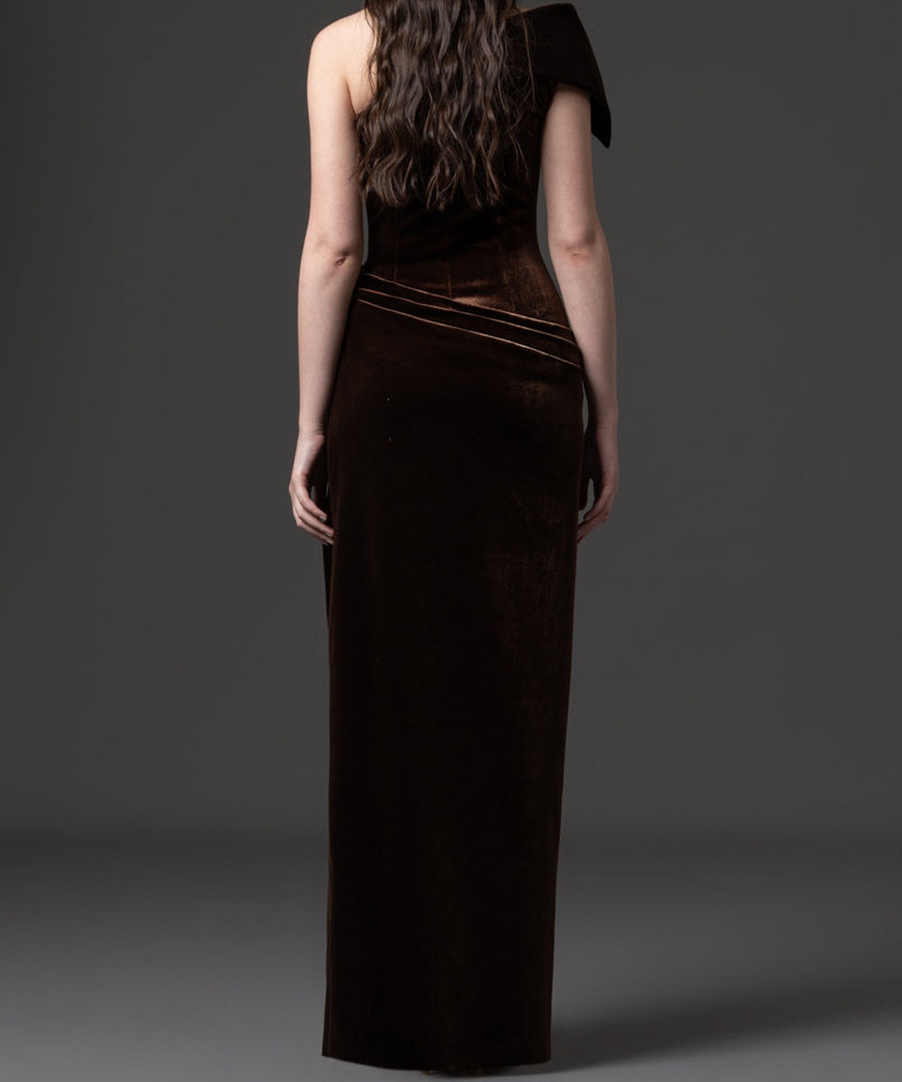 One Shoulder Brown Velvet Mermaid Evening Dress With High Side Slit