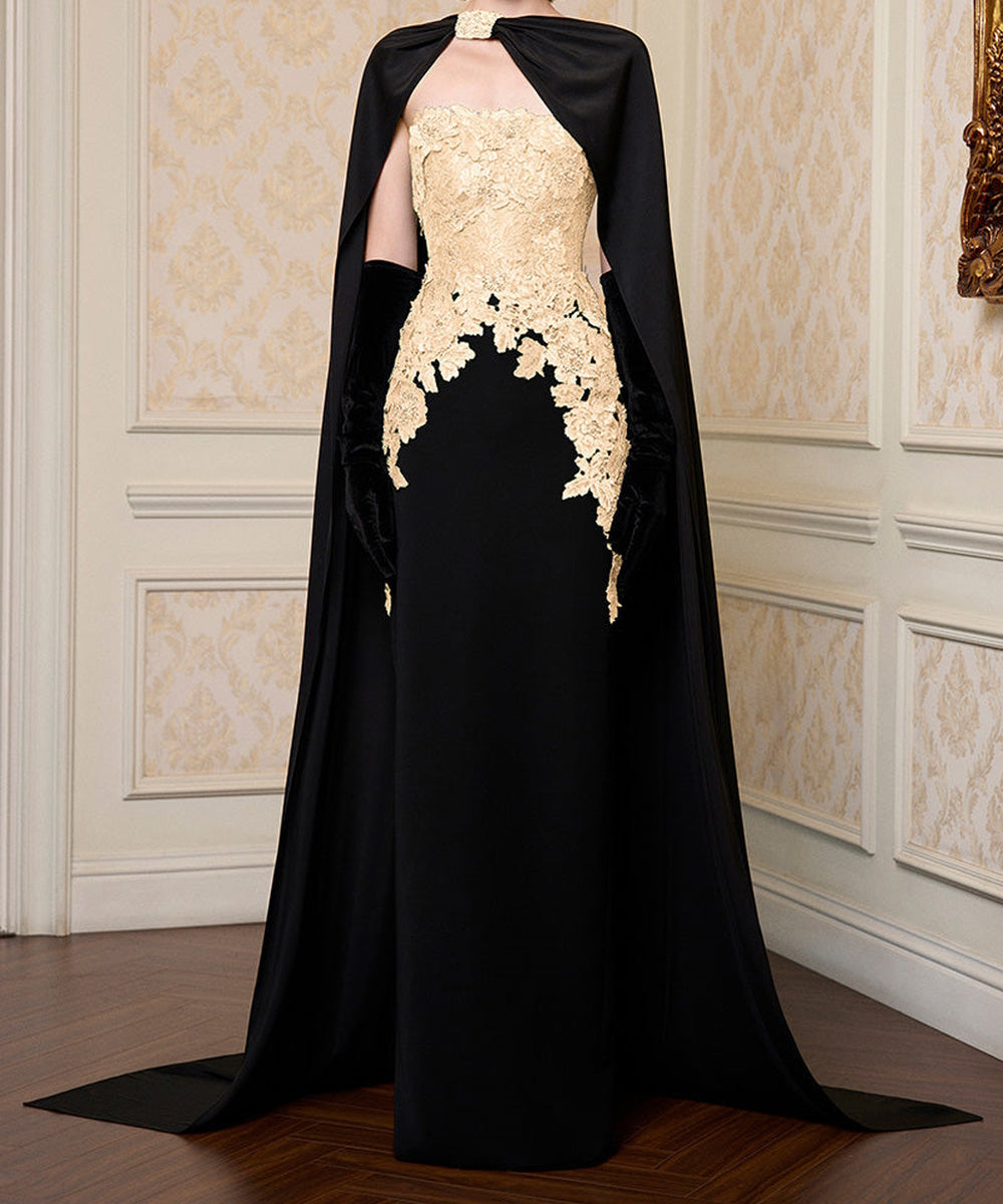 Black Strapless Mermaid Evening Gown With Champagne Lace Appliqué And Detachable Cape