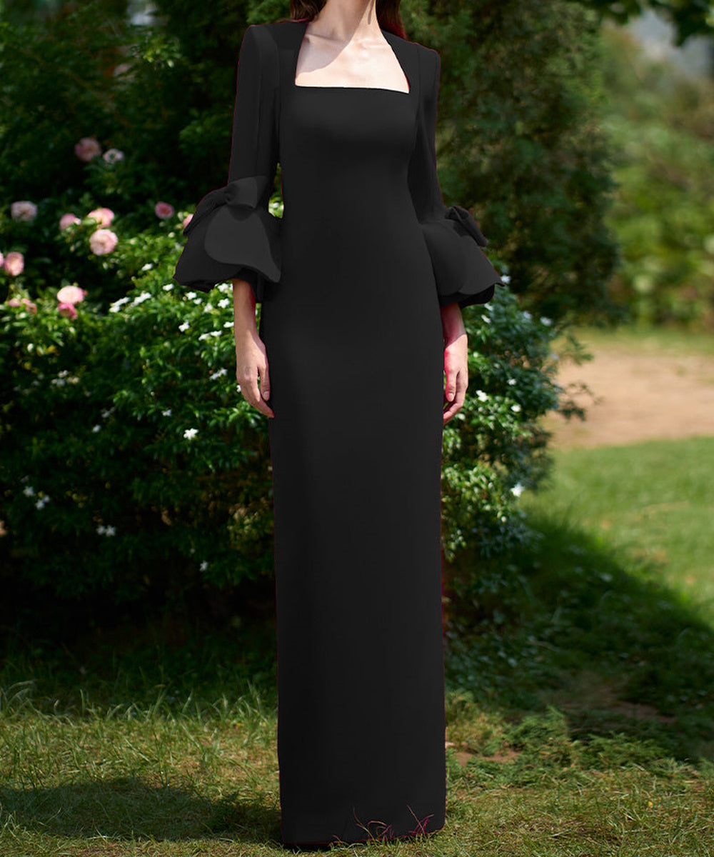 Black Square Neck Maxi Formal Gown With Statement Bow Bell Sleeves