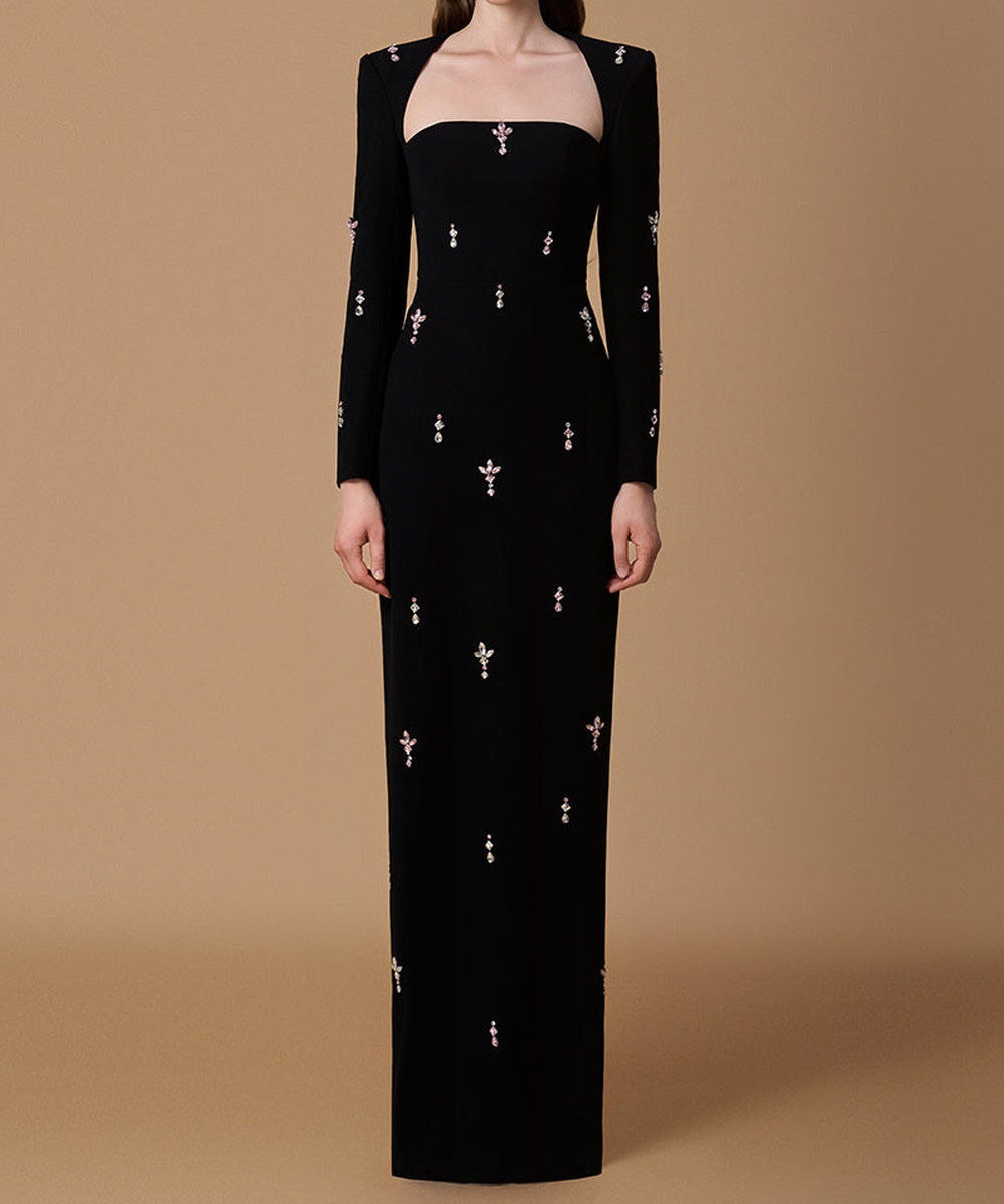 Black Long Sleeve Square Neck Midi Evening Gown With Pink Crystal Embellishments