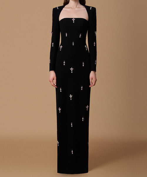 Black Long Sleeve Square Neck Midi Evening Gown With Pink Crystal Embellishments