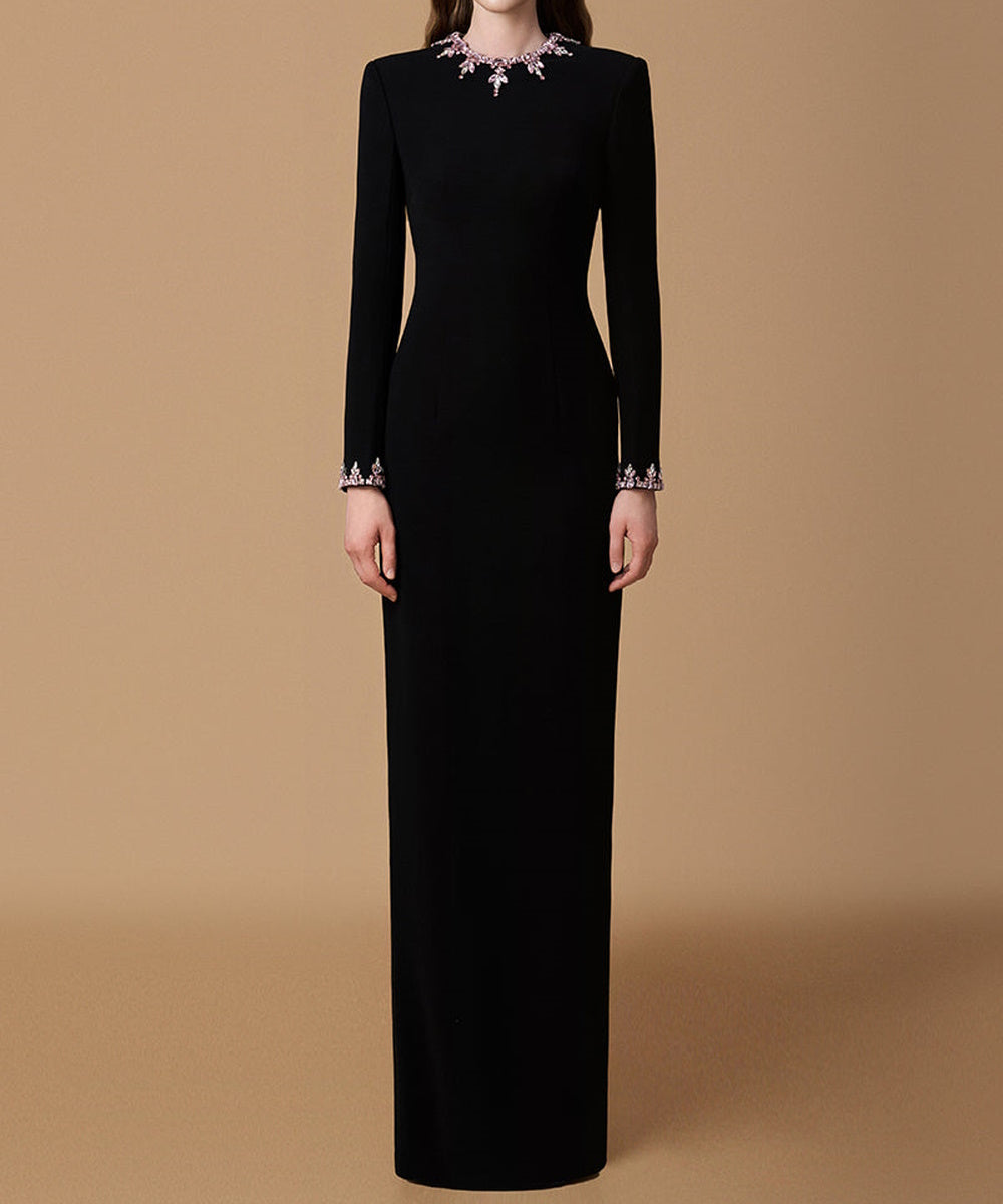 Black Long Sleeve High Neck Maxi Evening Gown With Pink Crystal Embellishments