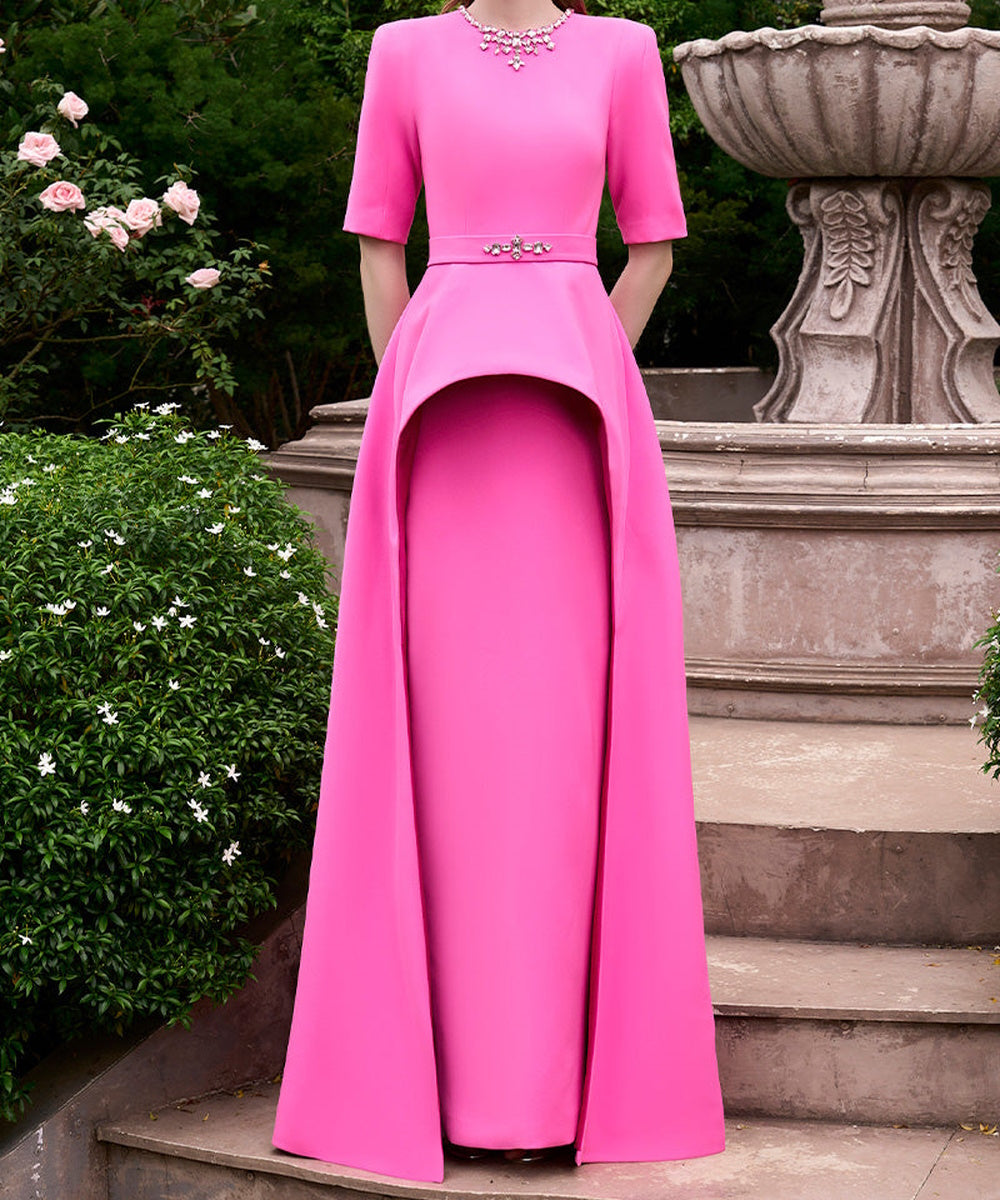 Fuchsia Overlay Skirt Formal Gown With Crystal Embellishments and Short Sleeves