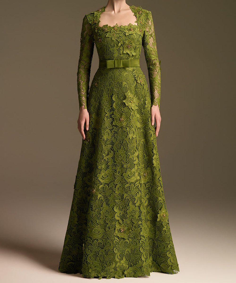 Olive Green Square Neck Long Sleeve Lace A-Line Evening Gown With Satin Belt