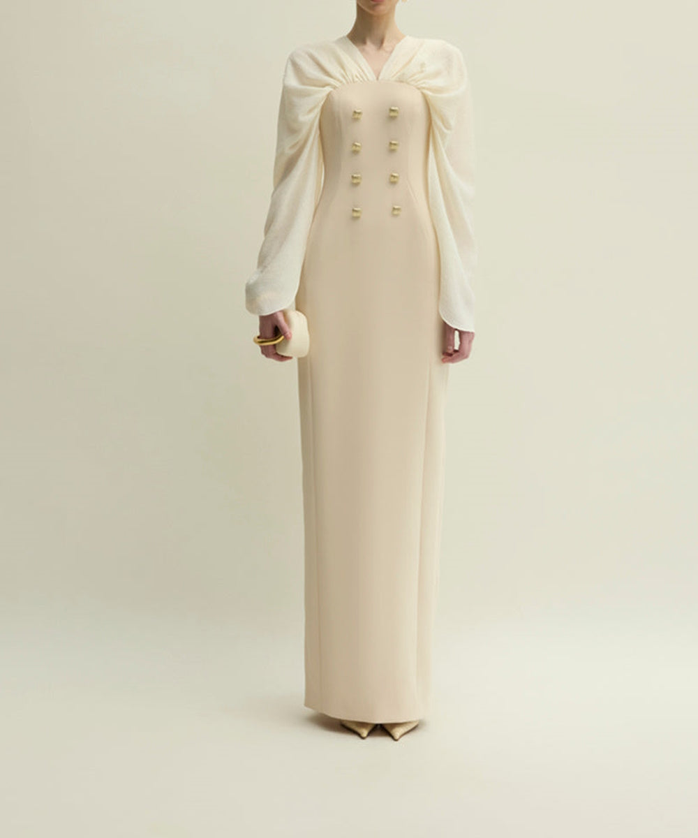 Cream Cape Sleeve Column Maxi Formal Gown With Decorative Gold Buttons