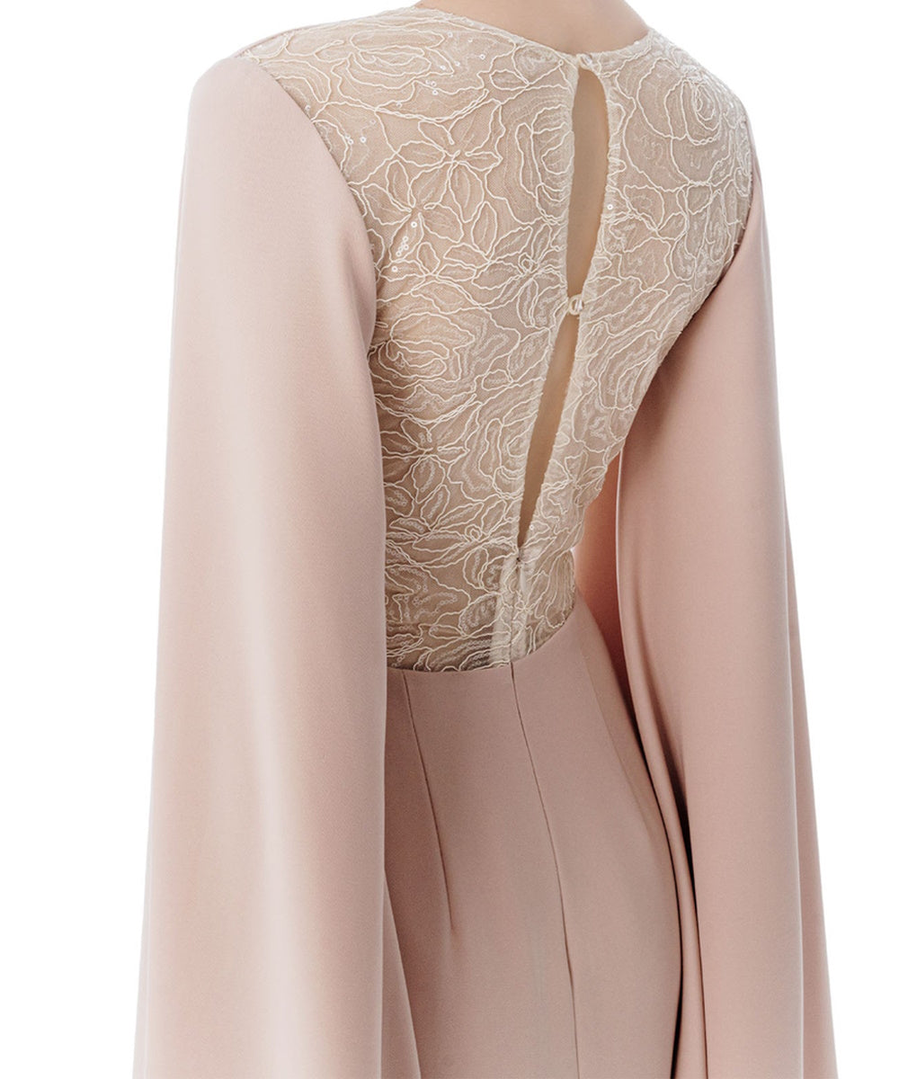 Dusty Pink V-Neck Cape Sleeve Lace Back Formal Maxi Gown