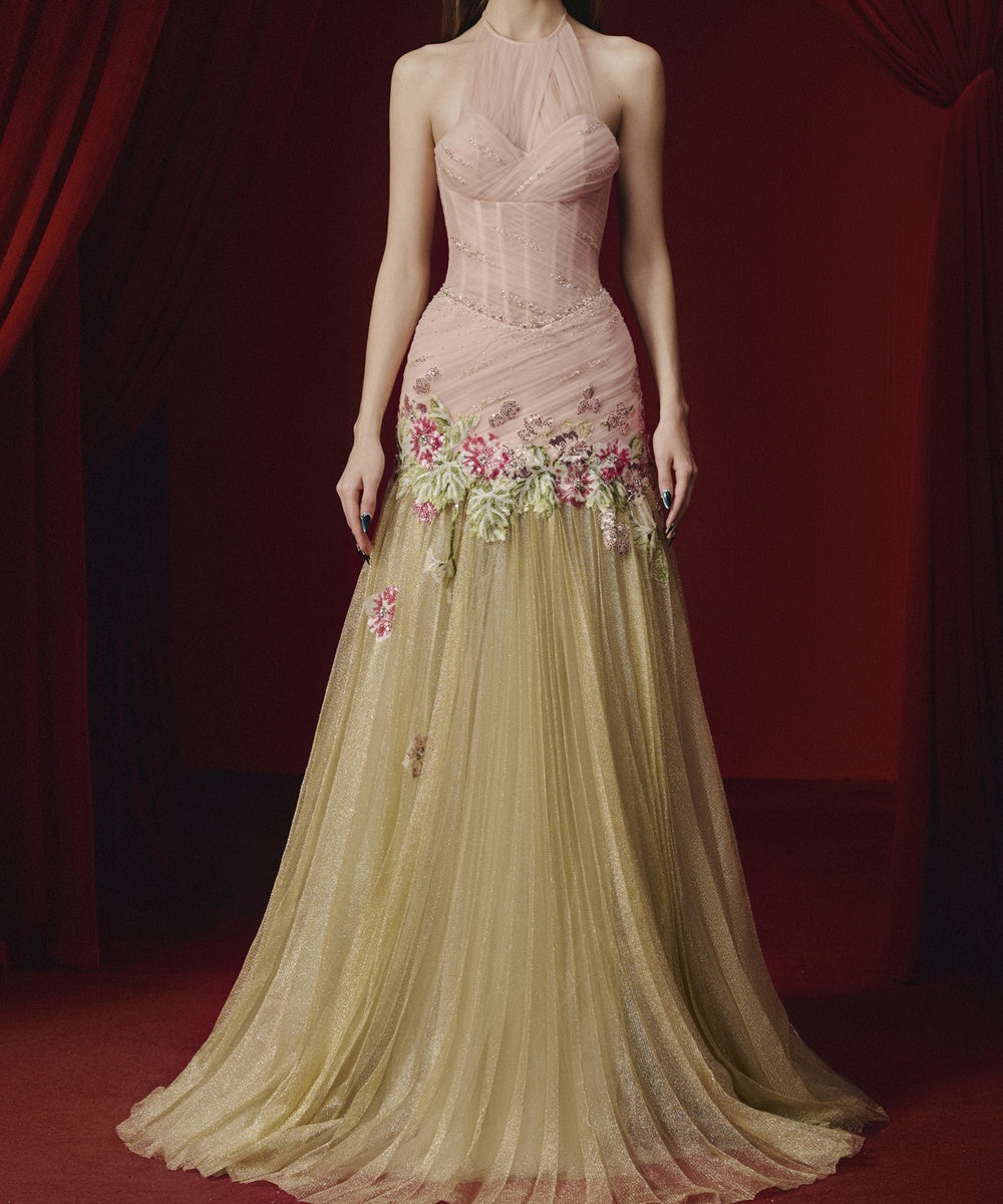 Pink Halter Floral Appliqué Tulle A-Line Formal Evening Gown