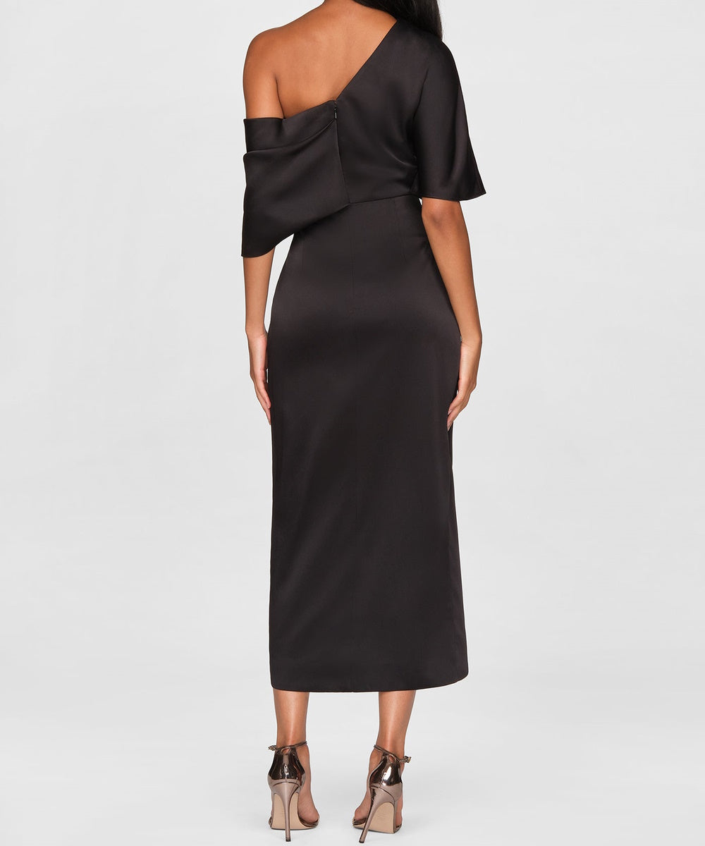 One Shoulder Draped Satin Midi Formal Dress