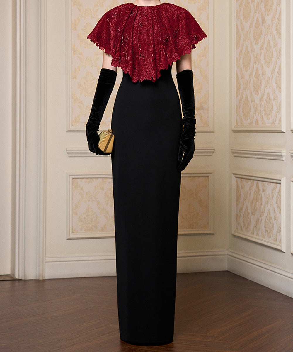 Black Fitted Maxi Evening Dress With Burgundy Beaded Lace Capelet