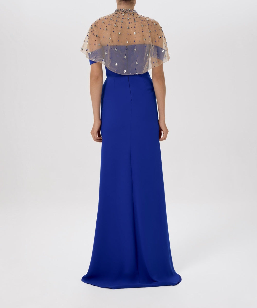 Strapless Royal Blue Slit Formal Gown With Detachable Beaded Tulle Cape