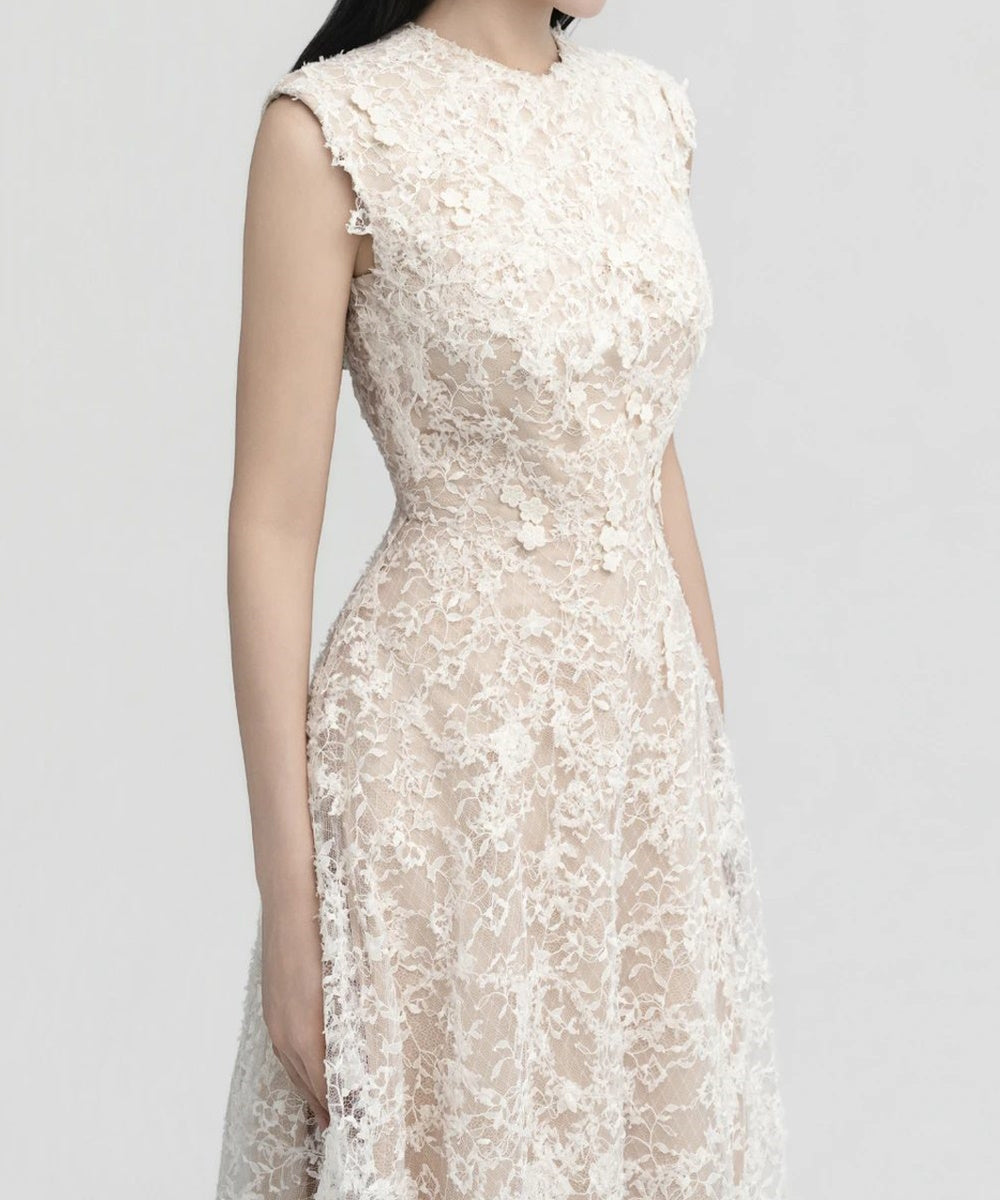 Sleeveless 3D Floral Lace Midi Formal Dress