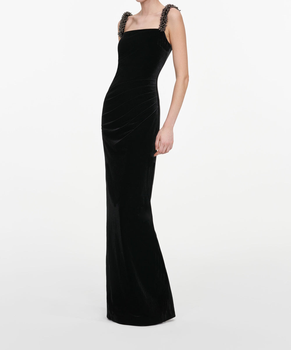 Beaded Strap Square Neck Black Velvet Mermaid Evening Gown with Back Slit