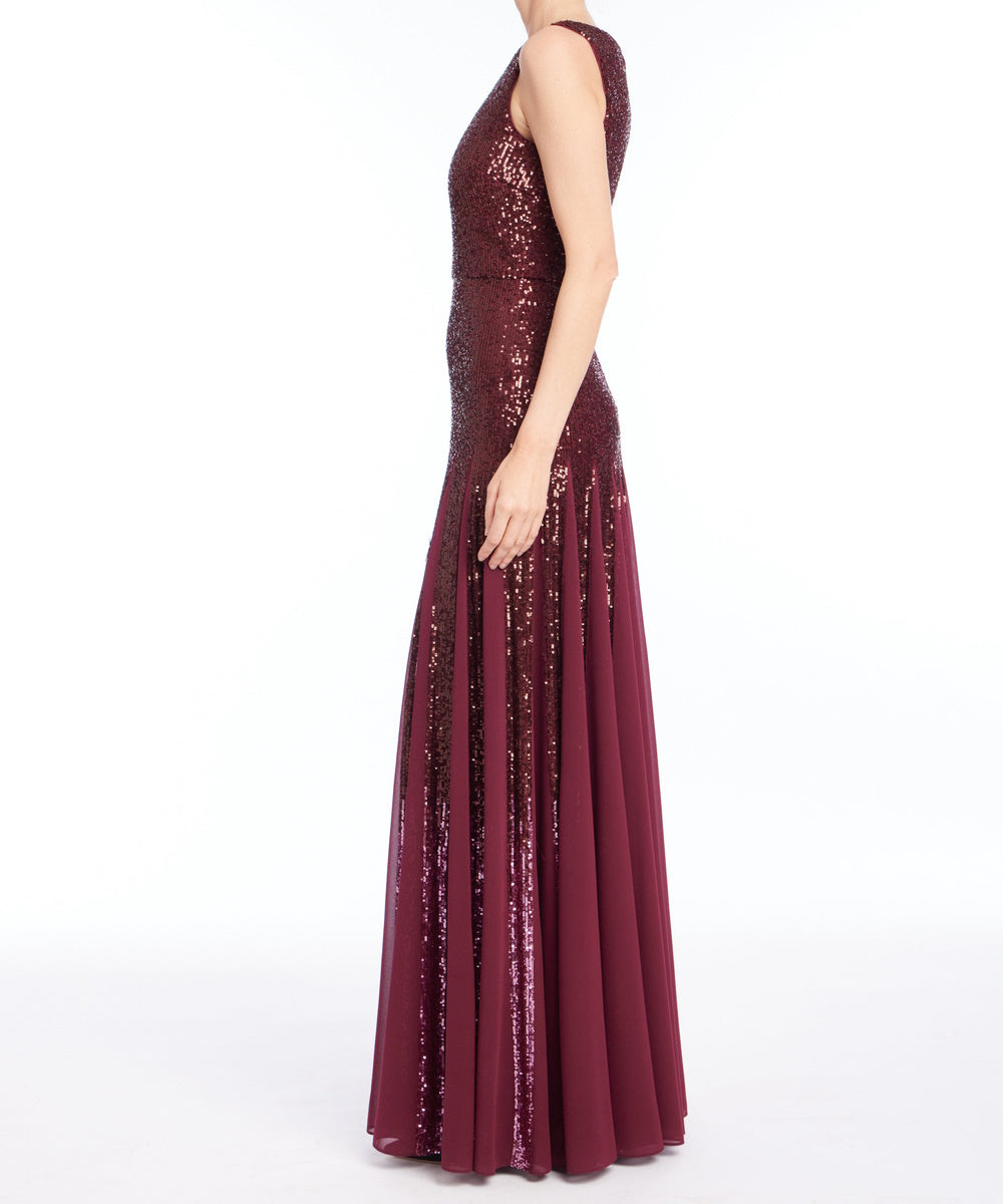 Burgundy Sleeveless Ombre Sequin Chiffon Formal Maxi Dress