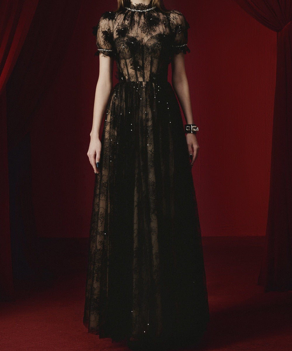 Black High Neck Puff Sleeve Lace Tulle Formal Maxi Dress