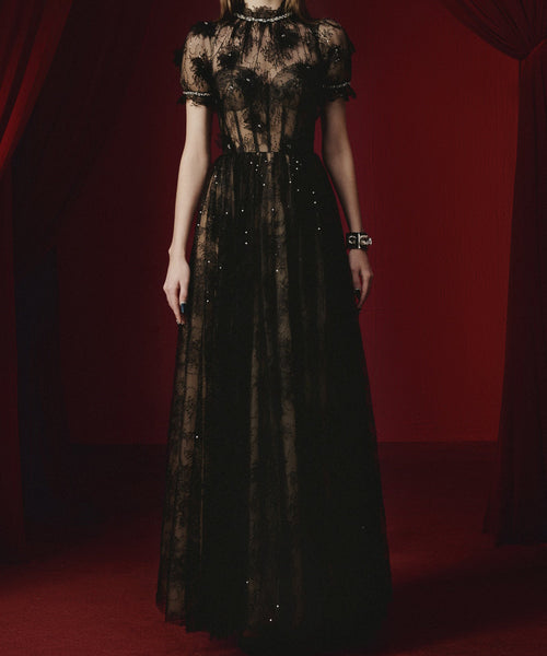 Black High Neck Puff Sleeve Lace Tulle Formal Maxi Dress