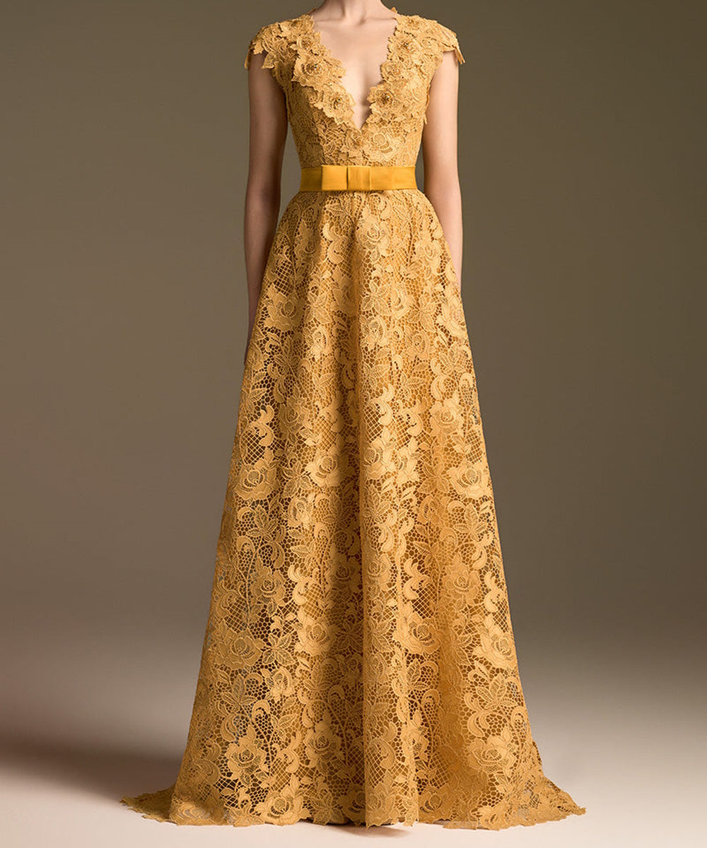 Golden Lace V-Neck Cap Sleeve Long Formal Evening Gown With Satin Bow Sash