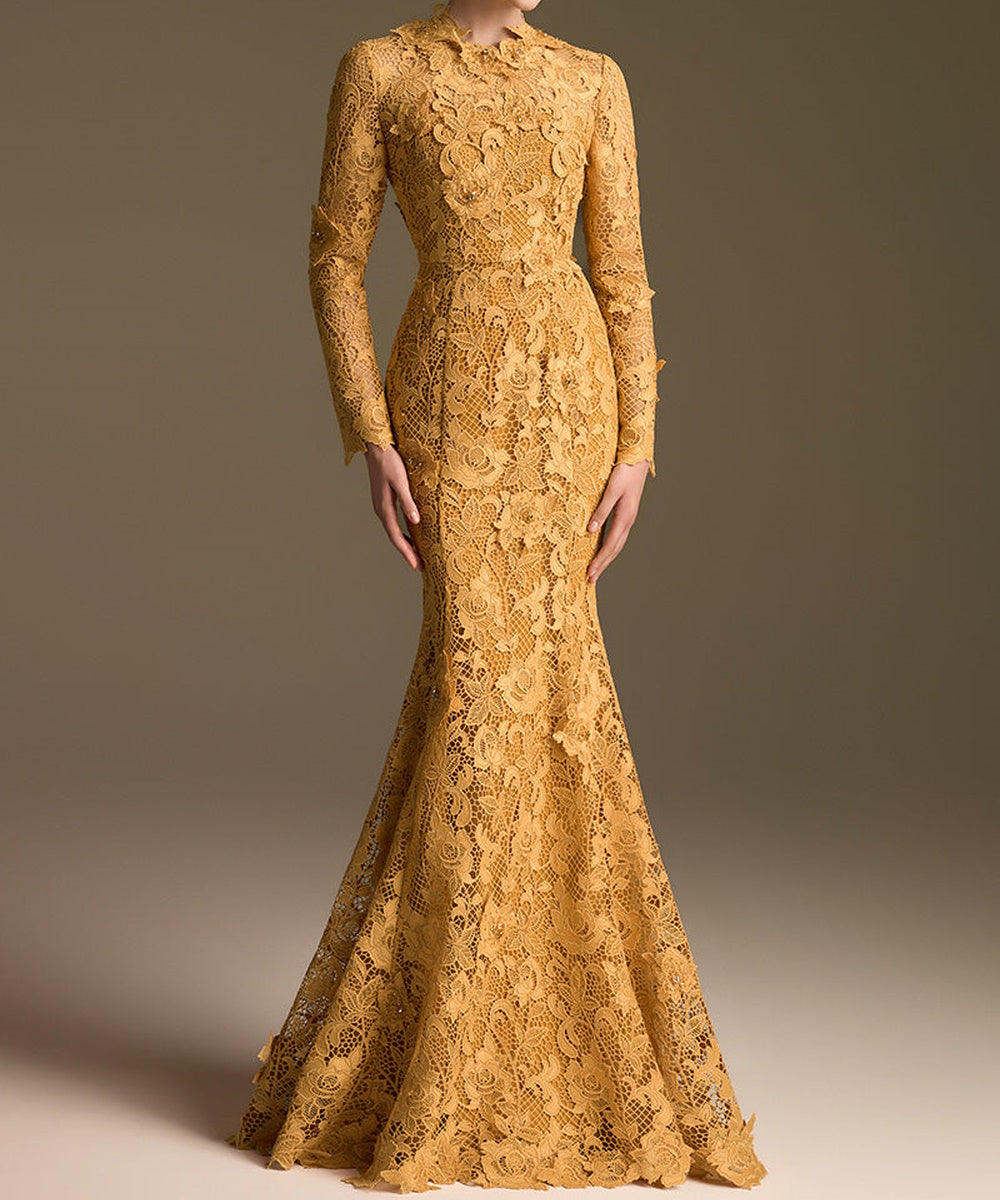 Golden Lace High Neck Long Sleeve Mermaid Formal Evening Gown