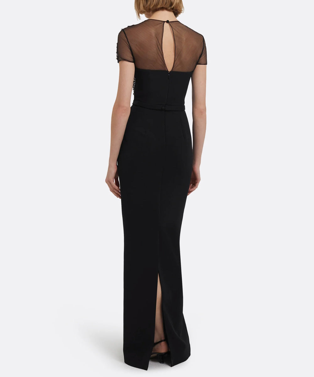 Black Mesh Bow Crystal Beaded Short Sleeve Slit Column Evening Gown