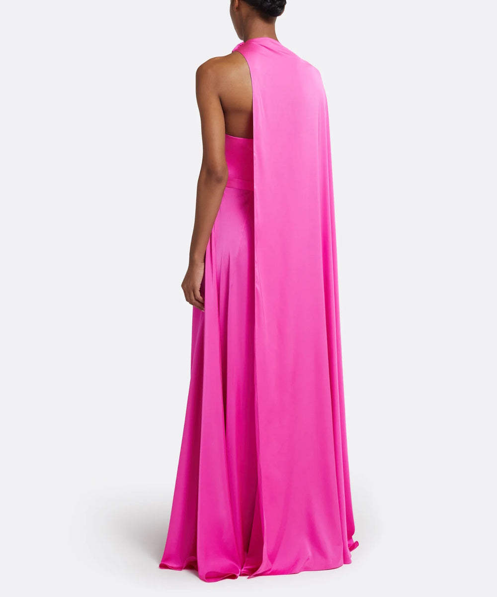 Hot Pink Asymmetric One Shoulder Cape Sleeve Satin A-Line Maxi Evening Gown With Waist Belt