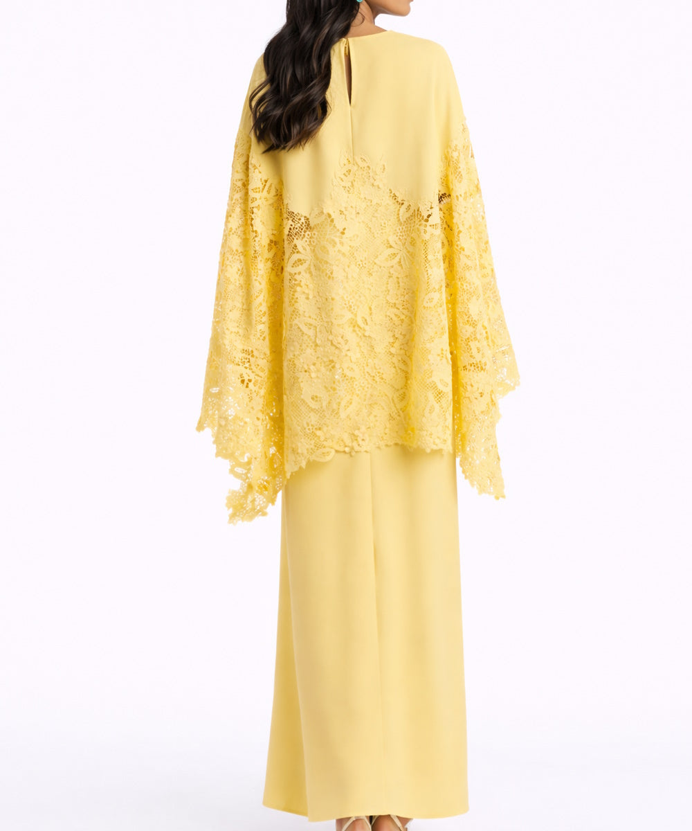 Pastel Yellow Floral Lace Flare Sleeve Loose Abaya Maxi Dress