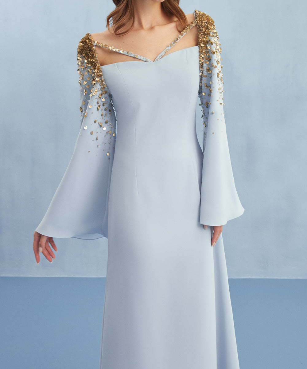 Light Blue Cold Shoulder Gold Sequin Flared Sleeve Column Maxi Evening Gown
