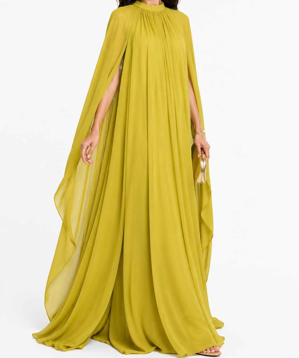 High Neck Flowy Chiffon Cape Sleeve Loose Maxi Evening Gown