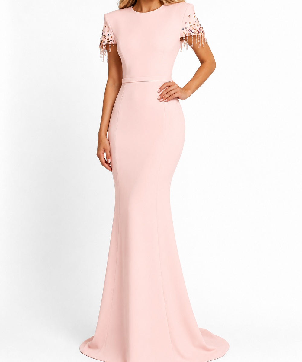 Blush Pink Crystal Tassel Short Sleeve Mermaid Train Evening Gown