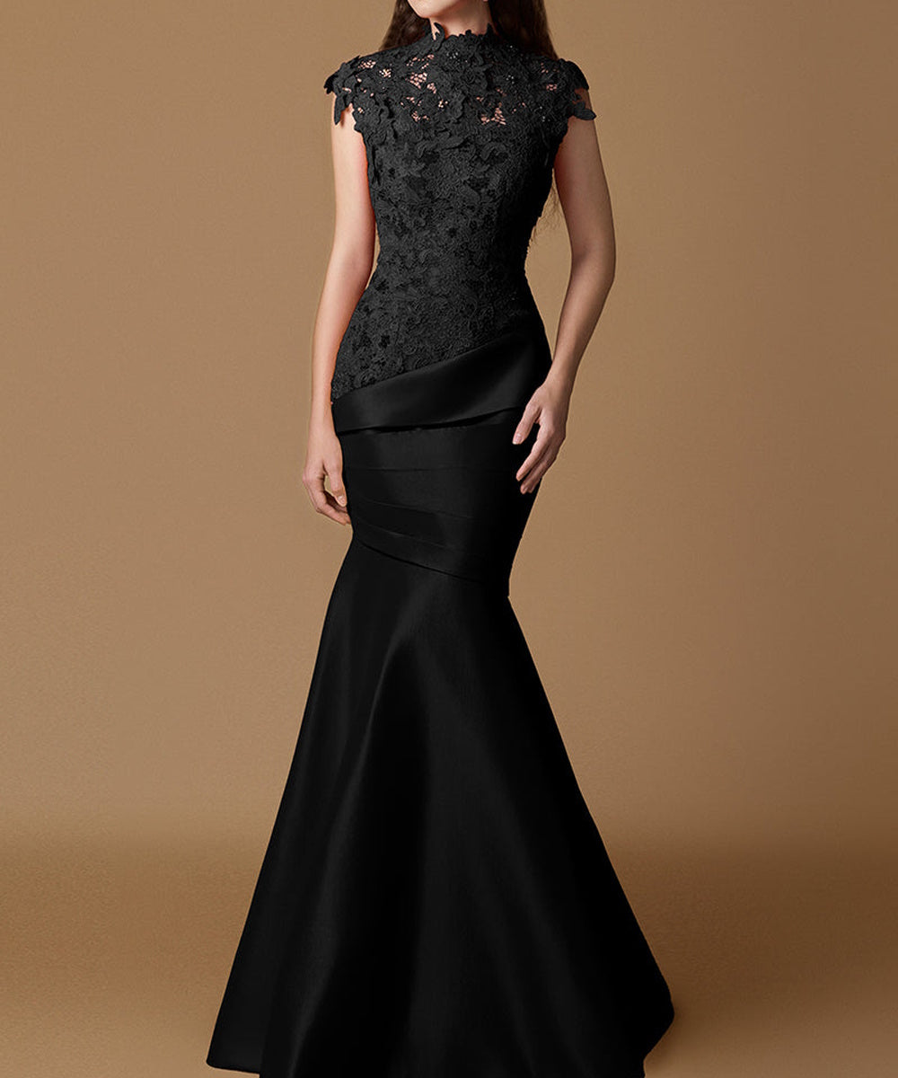 High Neck Lace Cap Sleeve Mermaid Satin Evening Gown