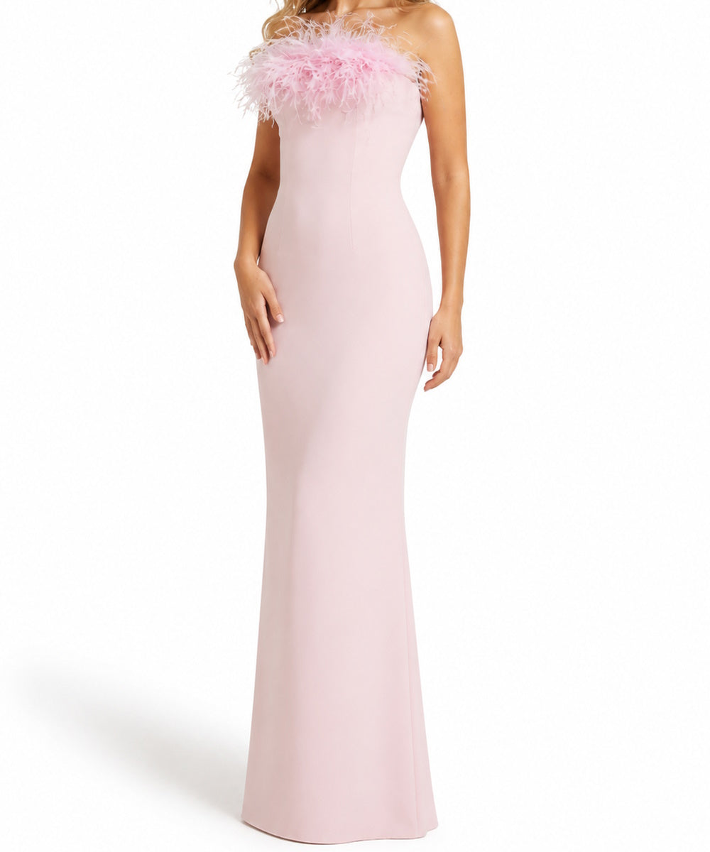 Blush Pink Strapless Feather Bust Mermaid Maxi Evening Gown