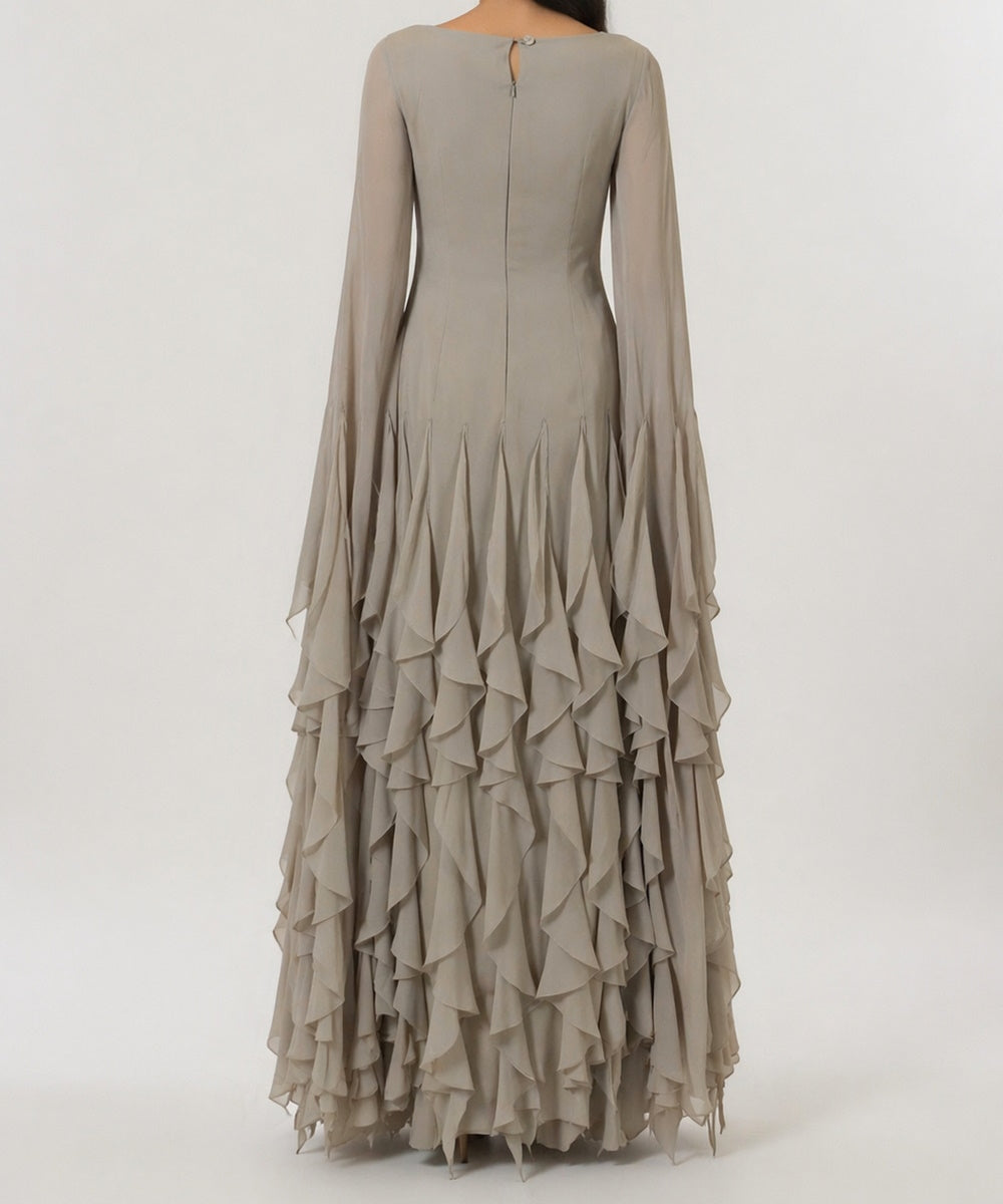 Taupe Square Neck Bell Sleeve Tiered Ruffle Chiffon Maxi Dress