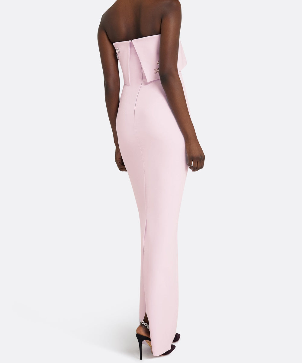 Blush Pink Strapless Ruffle Floral Pearl Crystal Slit Column Gown