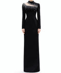 Black Asymmetric Mesh Cutout Rhinestone Long Sleeve Mermaid Evening Gown