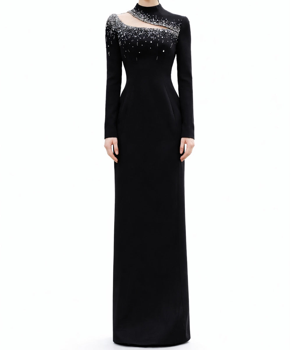 Black Asymmetric Mesh Cutout Rhinestone Long Sleeve Mermaid Evening Gown