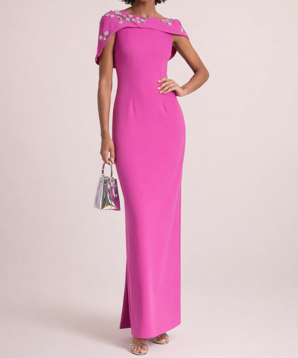 Off Shoulder Crystal Flower Embellished Crepe Formal Maxi Dress