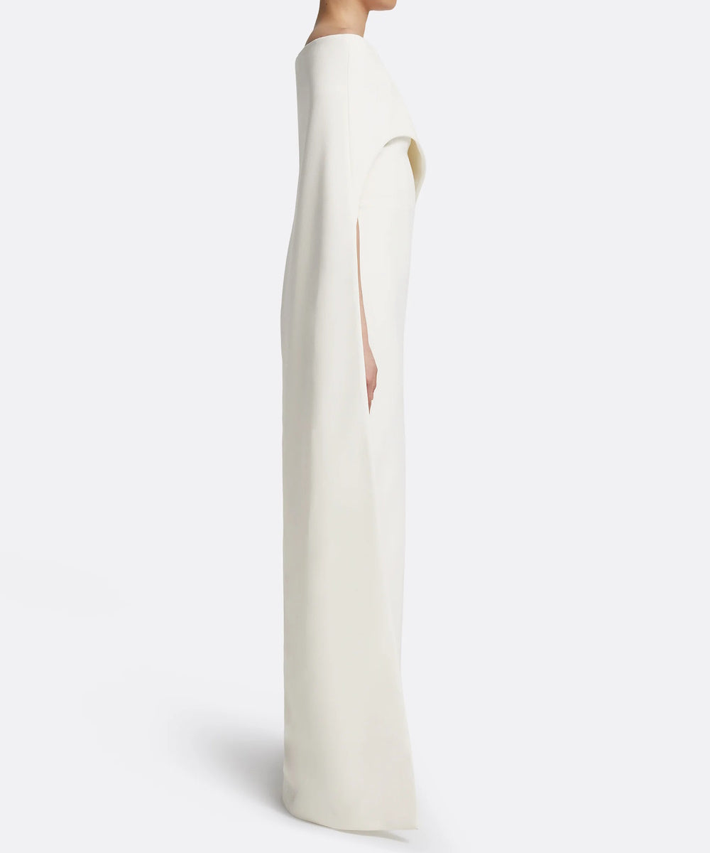 Off-Shoulder Ivory Cape Sleeve Column Crepe Evening Gown